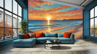 beach and sea minimalist illustration night and day Wall mural