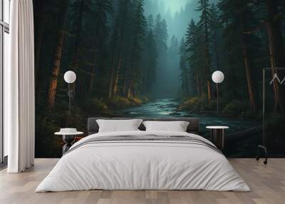 dark forest minimalist illustration eerie scary background Wall mural