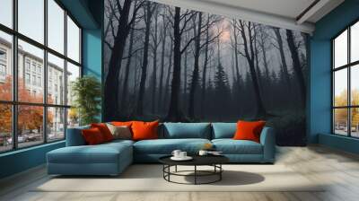 dark forest minimalist illustration eerie scary background Wall mural