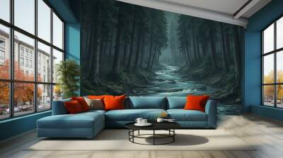 dark forest minimalist illustration eerie scary background Wall mural