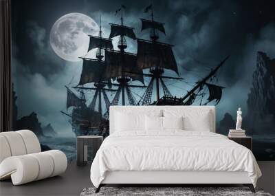 ghost ship in the night sea Wall mural