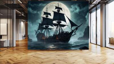 ghost ship in the night sea Wall mural