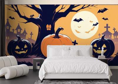 illustration of a Halloween night with moon and pumpkin background Wall mural