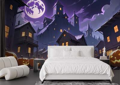 illustration of a Halloween night with moon and pumpkin background Wall mural