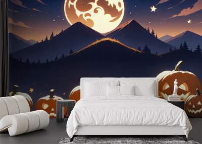 illustration of a Halloween night with moon and pumpkin background Wall mural