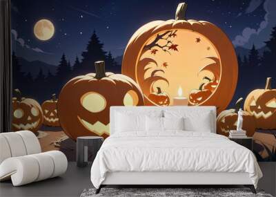 illustration of a Halloween night with moon and pumpkin background Wall mural