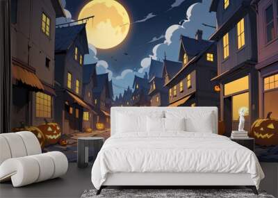 illustration of a Halloween night with moon and pumpkin background Wall mural