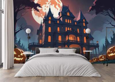 illustration of a Halloween night with moon and pumpkin background Wall mural