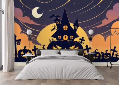 illustration of a Halloween night with moon and pumpkin background Wall mural