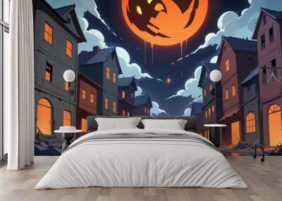 illustration of a Halloween night with moon and pumpkin background Wall mural