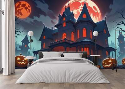 illustration of a Halloween night with moon and pumpkin background Wall mural