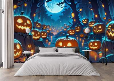 illustration of a Halloween night with moon and pumpkin background Wall mural