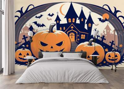 illustration of a Halloween night with moon and pumpkin background Wall mural