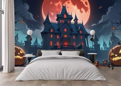 illustration of a Halloween night with moon and pumpkin background Wall mural