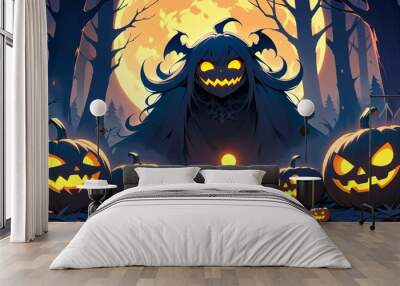 illustration of a Halloween night with moon and pumpkin background Wall mural