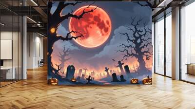 illustration of a Halloween night with moon and pumpkin background Wall mural