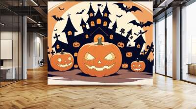 illustration of a Halloween night with moon and pumpkin background Wall mural