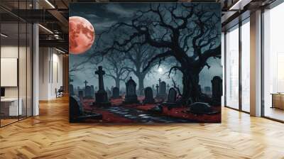 illustration of a Halloween night with moon and pumpkin background Wall mural