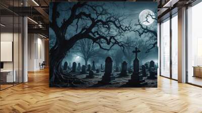 illustration of a Halloween night with moon and pumpkin background Wall mural