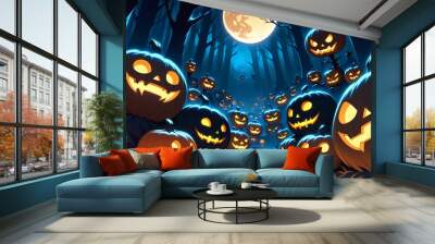 illustration of a Halloween night with moon and pumpkin background Wall mural