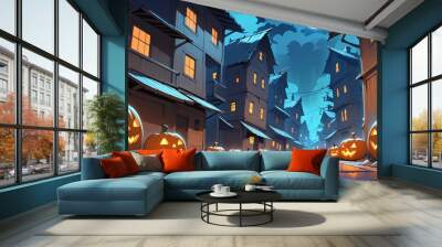 illustration of a Halloween night with moon and pumpkin background Wall mural