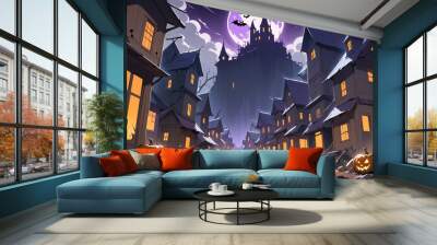 illustration of a Halloween night with moon and pumpkin background Wall mural