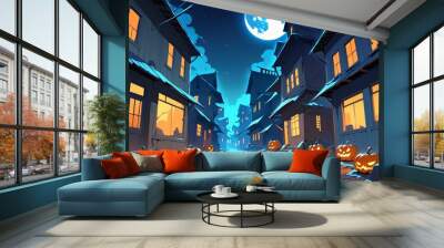 illustration of a Halloween night with moon and pumpkin background Wall mural