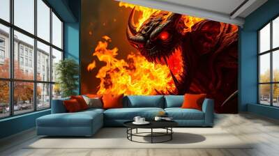 ominous demonic creature with fiery orange eyes and fangs within swirling smoke Wall mural