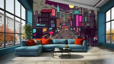 pixel 8-bit cyberpunk city background Wall mural