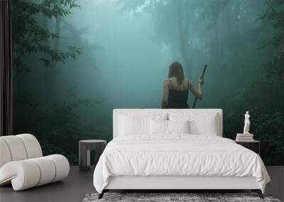 woman witch at misty morning in the forest Wall mural