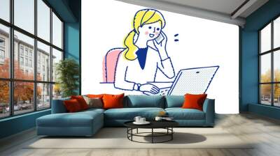 デスクワークをしながら電話をする女性 Wall mural