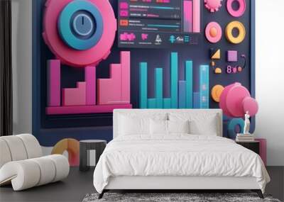 Colorful 3D Computer with Charts and Data Visualization Wall mural