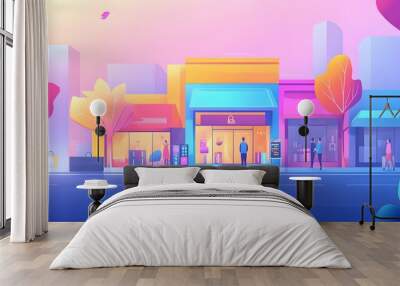 Colorful Urban Street Scene with Shops  People  and Trees Wall mural