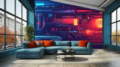 Futuristic Digital Interface with Glowing Red and Blue Lines Wall mural