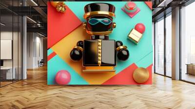 Golden Robot with Geometric Shapes and Colorful Background Wall mural