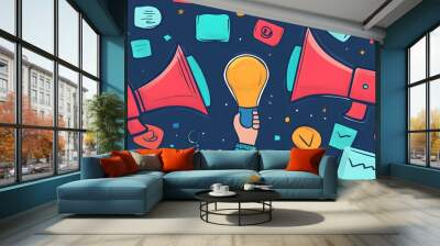 Hand Holding Lightbulb with Loudspeakers and Check Marks Wall mural