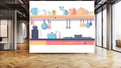 Happy modern kitchen design banner template, flat design, top view, kitchen items and household items theme, cartoon drawing, complementary color scheme  Wall mural