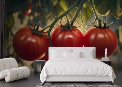 Ripe Red Tomatoes on Vine  Fresh Produce  Garden Harvest   Sunlight  Closeup Wall mural