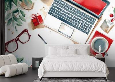 Watercolor Flat Lay with Laptop  Coffee  Glasses  and Gift Box Wall mural