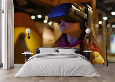 Young Girl Experiencing Virtual Reality with VR Headset and Headphones Wall mural