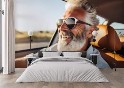 An exuberant, bearded senior man relishing a summer road trip in Italy, embarking on a luxurious cabrio adventure, living a life of wealth and freedom. Wall mural