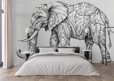 Animal Elephant Mandala: Intricate Black and White Coloring Illustration Wall mural