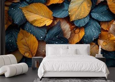 Autumnal Waterdrop Leaves: Colorful Seasonal Texture for Wallpaper, Banner or Background - Top View Panorama Wall mural