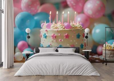 birthday party balloons colourful balloons background and birthday cake with candles  Wall mural