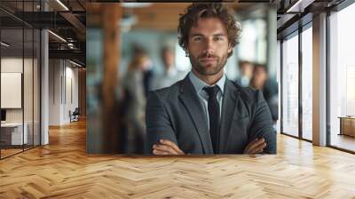 Confident Businessman in Formalwear Standing with Crossed Hands at Office with Colleagues in Background Wall mural