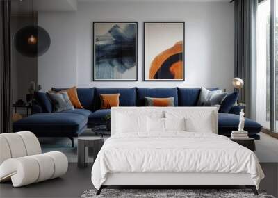 dark blue sofa and recliner chair in scandinavian apartment interior design of modern living room created Wall mural