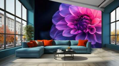 Dark Surreal Dahlia: Chrome Pink and Purple Macro Flower Isolated on Black Background Wall mural