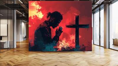 Devoted man in prayer before a cross illustration Wall mural