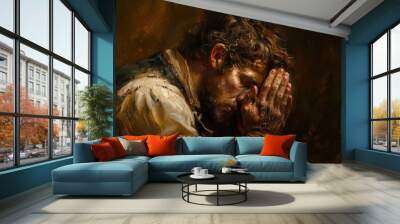 Devout Man in Prayer with Clasped Hands - Spiritual Painting Wall mural