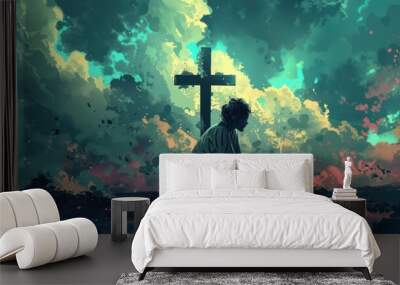 Devout man praying before cross Wall mural